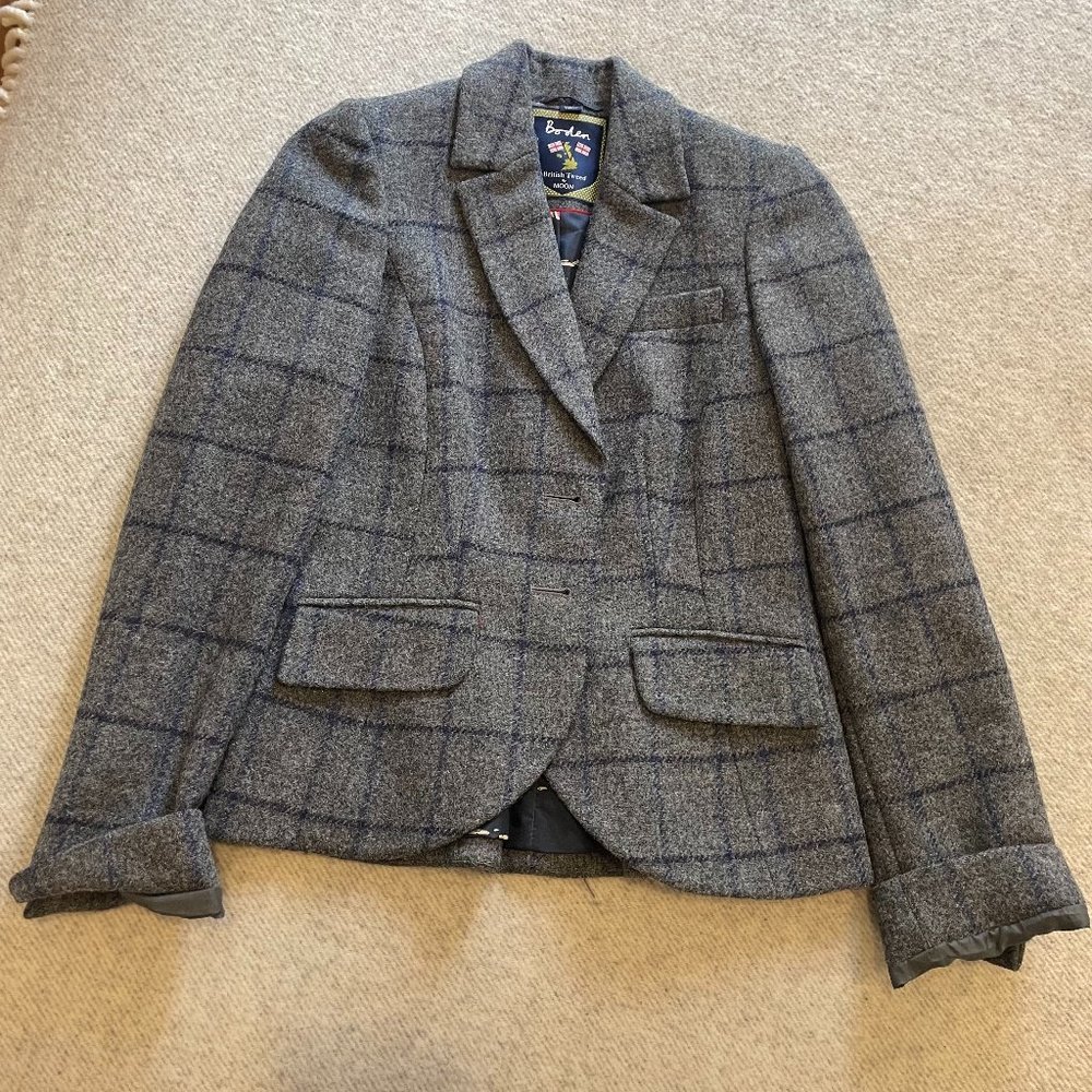 BODEN British Tweed By Moon US 2 Gray Wool Tweed Blazer Jacket